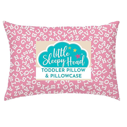 Little Sleepy Head Toddler Pillow with Pillowcase 13x18 - Kids Pillow for Sleeping - Better Neck Support Ergonomic Pillow and Toddler Pillowcase - Best Pillows for Kids (Alphabet Pink)
