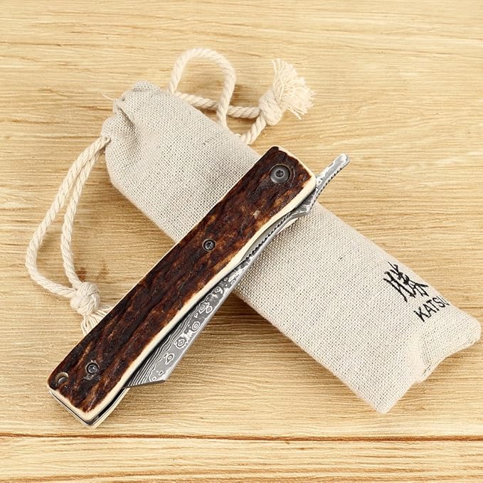 KATSU Handmade Damascus Steel Japanese Razor Pocket Folding Knife with Genuine Deer Antler Handle