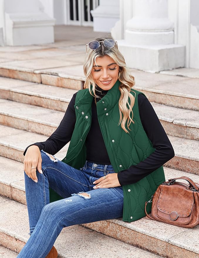 Zeagoo Puffer Vest Women Sleeveless Quilted Jacket Lightweight Snap Zip Up Stand-up Collar Down with Pockets Outerwear