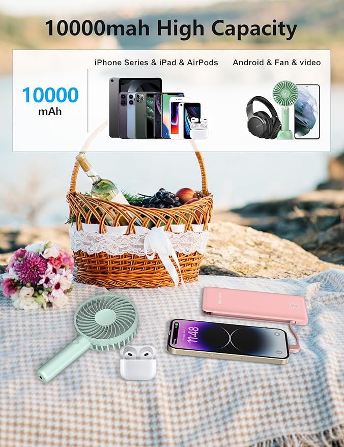 miisso 10000mAh Slim Portable Charger with Built in Cable, Power Bank Travel Charger External Battery Pack for Phone, 4 Output USB Type C Cord Clutch Charger Compatible with iPhone, Light Pink