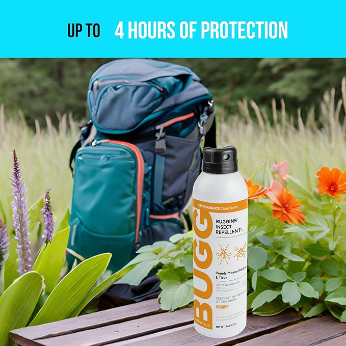 BUGGINS IV Performance - Insect Repellent - Mosquitoes, Gnats, Ticks, and Biting Flies, 25% DEET, Powdery Scent - 6 oz Continuous Spray Can