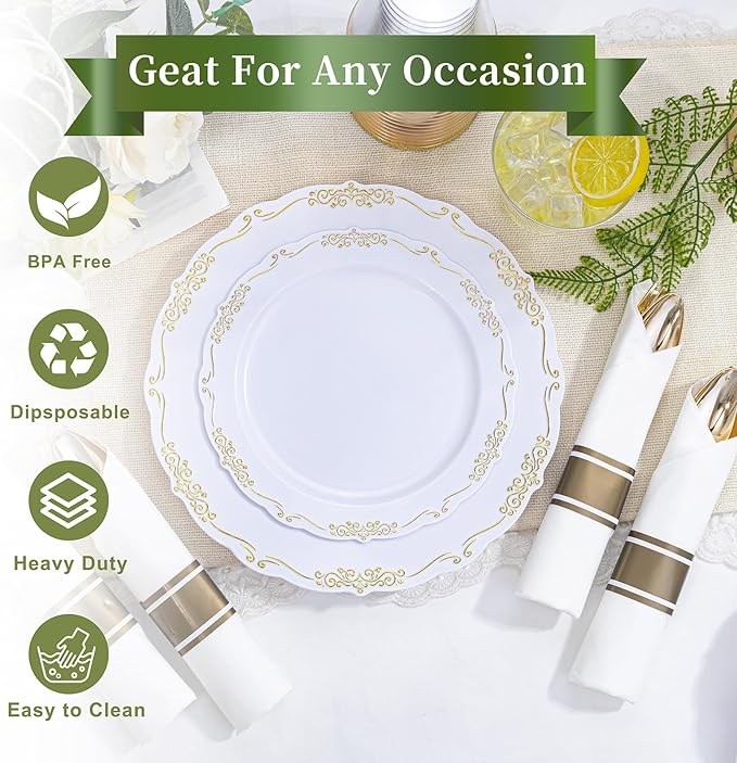 U-QE 350PCS Gold Plastic Plates - Disposable Dinnerware Set for 50 Guests - White and Gold Plates and Napkins Party Supplies include 100 Plate, 150 Silverware, 50 Cups, 50 Napkins for Weddings&Party