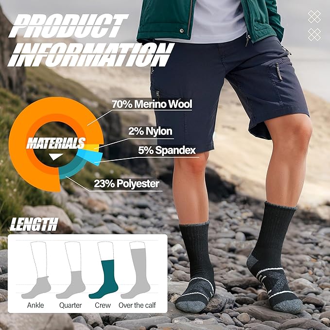 ANTSANG 5 Pairs Merino Wool Hiking Socks for Men & Women Thermal Winter Warm Moisture Wicking Cushion Boot Socks