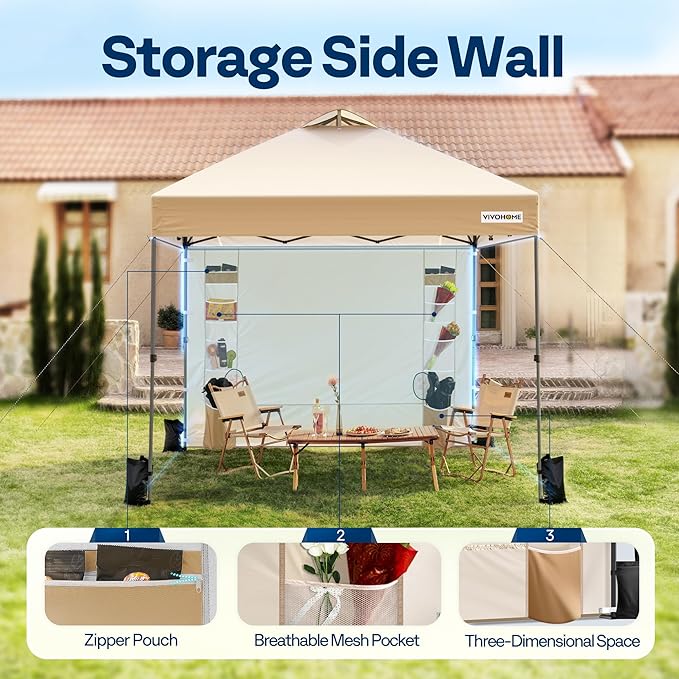 VIVOHOME 8x8ft Pop Up Canopy Tent with Sidewall and 6 Pockets, One Push Setup Outdoor Portable Shelter Tent Heavy Duty with Wheel Carry Bag and 4 Sandbags, Beige