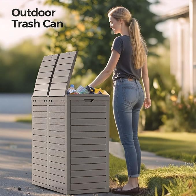 76 Gallon Outdoor Trash Can Waterproof Resin Garbage Can with Tiered Lid & Drip Tray Indoor and Outdoor Use Trash Bin for Patio Kitchen, Backyard & Deck, Gray