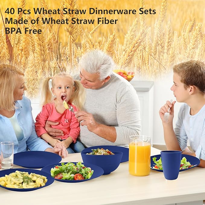 40 Pieces Wheat Straw Dinnerware Sets Service for 8, Plates and Bowls Sets, Dinner Plates, Cereal Bowls and Drinking Cups, Unbreakable and Reusable Plastic Dinnerware Sets (Dark Blue)