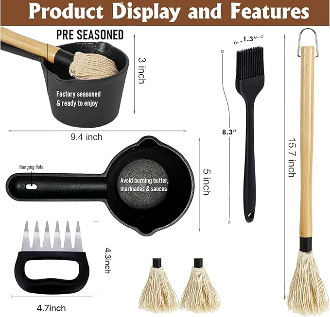 BBQ Mop Brush and Cast Iron Basting Pot - Grilling Tool Set with Basting Brush an Meat Shredder Claws for Meat Smoker, Grill and Stove(8pcs)