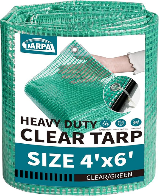 TARPAL 4'x6' Clear Green Tarp Heavy Duty Waterproof 12mil with Grommets or Zip Ties for Small Greenhouse for Outdoors Garden,Farm,Chicken Coops
