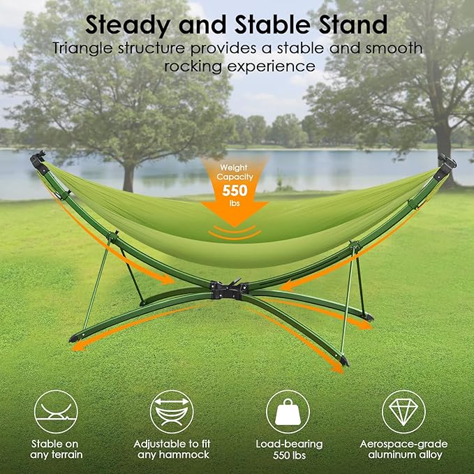 Portable Hammock with Quick Setup Folding Stand & Adjustable Sunshade Canopy & Storage Bag - Adult/Child Hammock Chair - Heavy Duty Hammock for Camping Home Garden Hotel Outside Beach Forest Grasslan