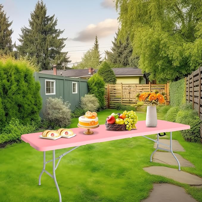 Portable Plastic Folding Table 4ft/6ft/8ft Heavy Duty White Black Picnic Dining Table Fold-in-Half for Camp Party Kitchen Indoor Outdoor (Pink, 8FT)