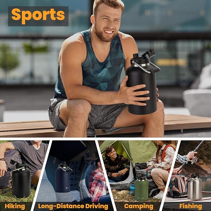 128 oz Insulated Water Bottle with Spout Lid and Handle, One Gallon Stainless Steel Double Vacuum Water Jug for Hot & Cold Drinks - Sweat Proof, Great for Travel, Hiking, Camping - Stainless