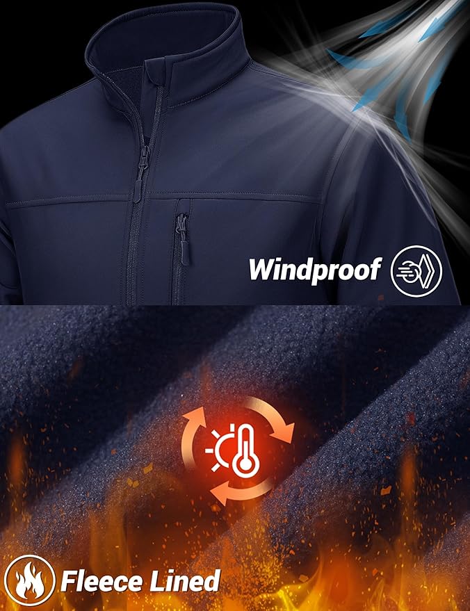 TACVASEN Men's Lightweight Softshell Jacket Fleece Lined Waterproof Tactical Rain Zip Up Winter Coat Windbreaker Casual