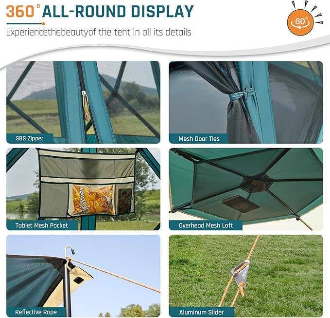 Instant Tents for Camping Pop Up Screen Tent with Floor, 6 Person Large Family Camping Tent with Rainfly and Porch, Easy 60S Setup Hub Tent for Outdoor Picnic Backyard, 11.5'L x 10'W x 6.83'H