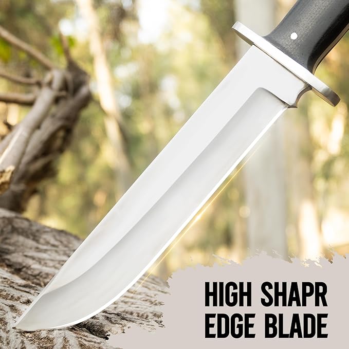 D2 13 Inch Full Tang Fixed Blade Bowie Knife with Leather Sheath - Suitable for Outdoor, Bushcraft, Survival, and Camping Knife with Black Micarta Handle