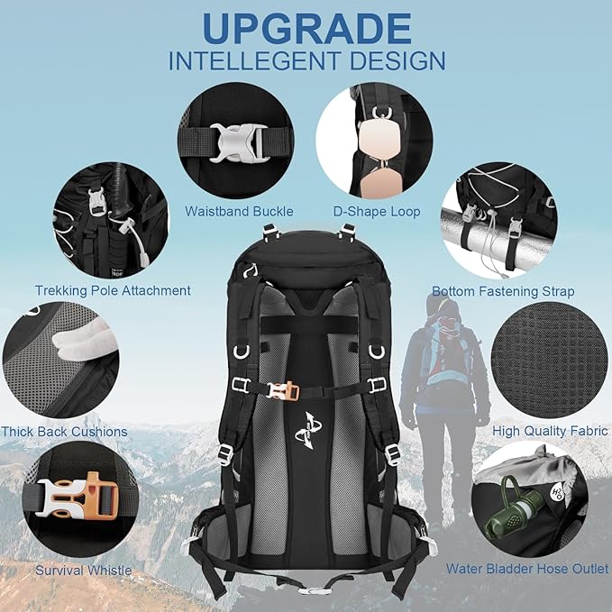 60L Hiking Backpack Water Resistant Camping Backpack with Rain Cover Large Outdoor Travel Daypack for Men Women (01-Black)