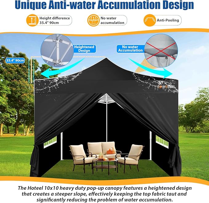HOTEEL 10x10 Pop up Canopy Tent for Parties, Heavy Duty Easy Setup Tent with 4 Sidewalls, Outdoor Commercial Instant Gazebo for Wedding Event, with Portable Bag & Sand Bags, Black(Hexagonal Frame)