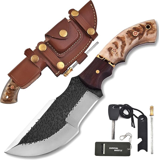KIMPE 10" Handmade D2 Steel Tracker Knife-Survival & Hunting Knife with Holster-Full Tang Fixed Blade Knive with Ram Horn Handle-Knives for men.(D2 Ram Horn)