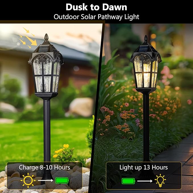 Emliviar Solar Pole Light with Pier Mount Base, Auto On/Off Walkway Lamp in Black Finish, Solar Pathway Light with Water Grain Glass Shade, LED Bulb Included, YXE302PL-SL BK
