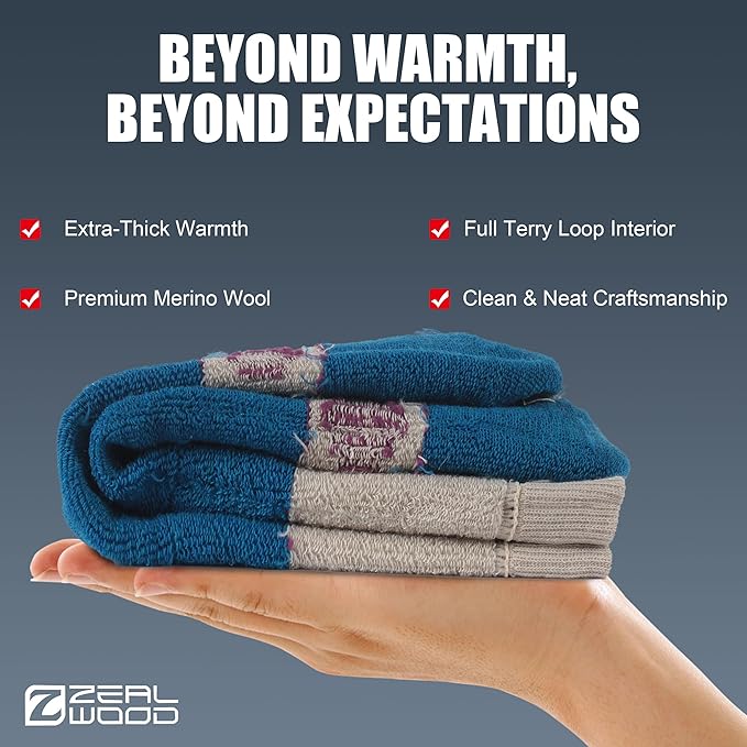 ZEAL WOOD Merino Wool Crew Hiking Socks for Women And Men with Full Cushion Moisture Wicking Walking Work Boot Socks