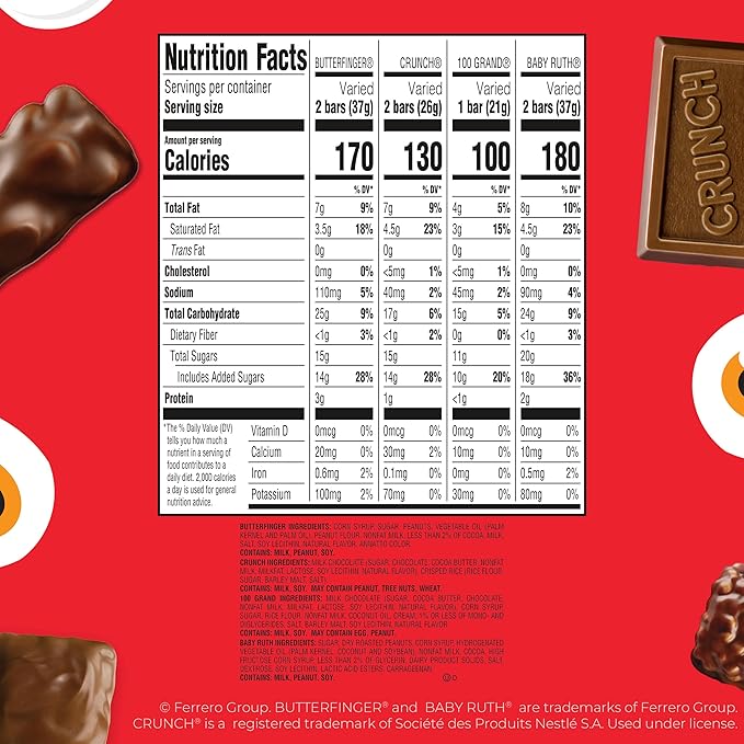 Butterfinger, CRUNCH, Baby Ruth, 100 Grand Fun Size Assorted Candy Bars, Great for Sharing, Bulk 60 Count Pack, 37.2 oz