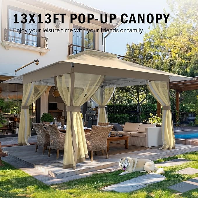 13x13 Outdoor Patio Gazebo with Mosquito Nettings - Double Roof Pop Up Canopy Tent with Wheeled Carry Bag, for Backyard Deck Lawns Garden (Beige, 13x13)