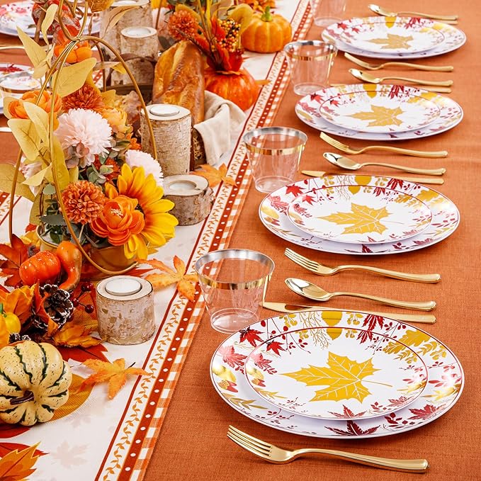 KIRE 150PCS Thanksgiving Plates Dinnerware Maple Leaves - Plastic Thanksgiving Plates with Gold Silverware Include 25Dinner 25Salad 25Forks 25Knives 25Spoons 25Gold Cups