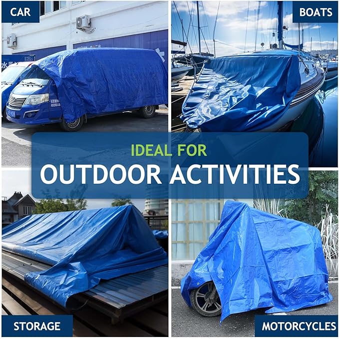 10x12Ft Tarp Cover 5 MIL Waterproof Poly Tarps, Light Duty Tarpaulin with Grommets, Reinforced Edges, Rip & Tear Proof, Multipurpose Finished Size Tarp for Cars, Boat, Roof, Camping - Blue