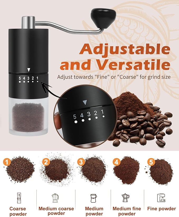 Stainless Steel Burr Manual Coffee Grinder For Drip,French Press,5 Adjustable Settings,Hand Maker with Built-In Burr,For Home Use and Camping (Stainless Steel burr-Black)