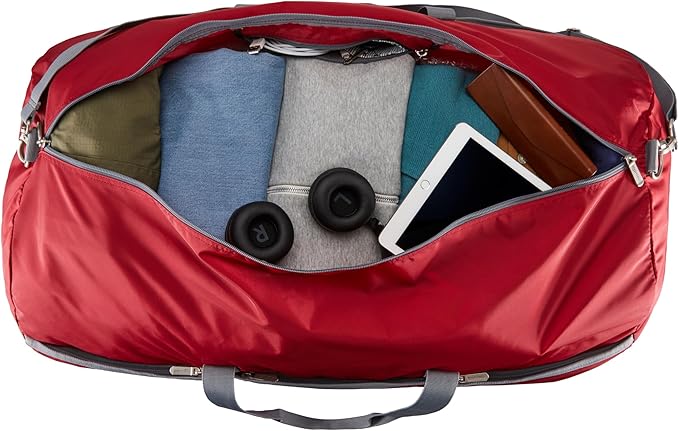 Amazon Essentials 32.4" Extra Large Foldable Nylon Duffel Bag for Travel/Storage with Zippered Pockets, 9254 Cubic Inch (150L), 50-LBS Capacity, Red (Previously Amazon Basics)