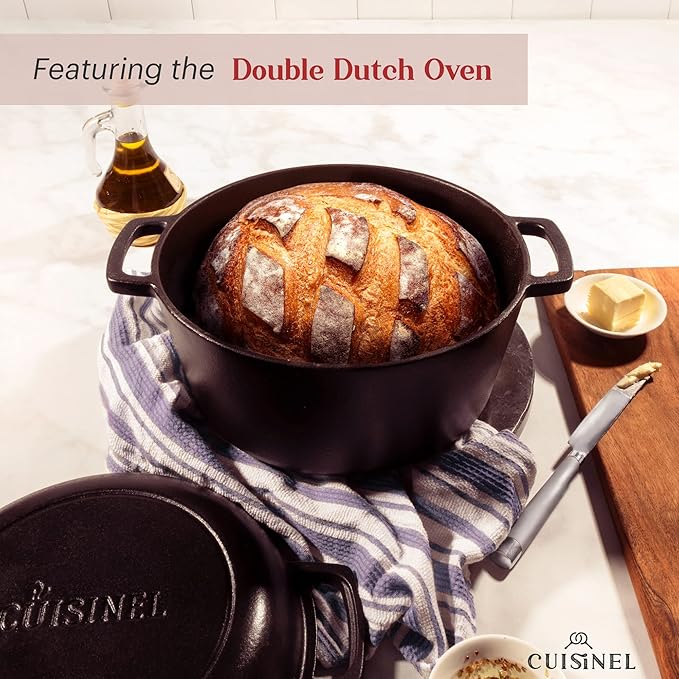 Cuisinel Cast Iron 18-Piece Preseasoned Cookware Set: 10"+12" Skillets w/Lids + 5-Qt Dutch Oven + 10.5" Square Grill Pan w/Lid + Pizza Pan + Round Griddle + 15" Organizer +Scraper + Silicone Handle