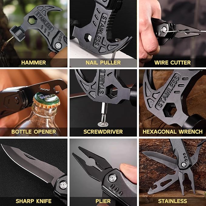Multi-Functional Safety Hammer Multitool – 15-in-1 Heavy Duty Emergency Tool Kit with Pouch – Camping, Hiking, Fishing, Car Rescue Gear – Father's Day or Birthday Gifts for Dad