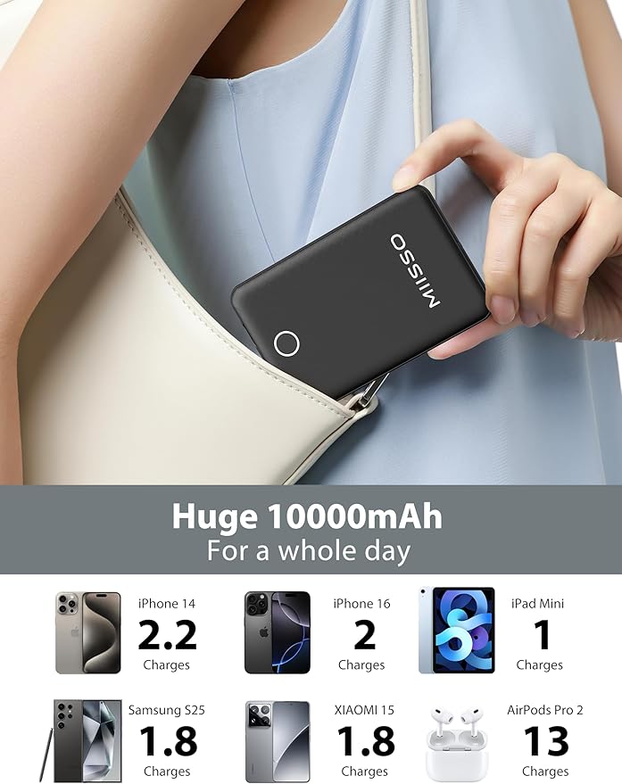 10000mAh Slim Portable Charger with Built in Cable, Power Bank Travel Charger External Battery Pack for Phone, 3 Output USB Type C Cord Clutch Charger Compatible with iPhone, 2 Pack Black & White