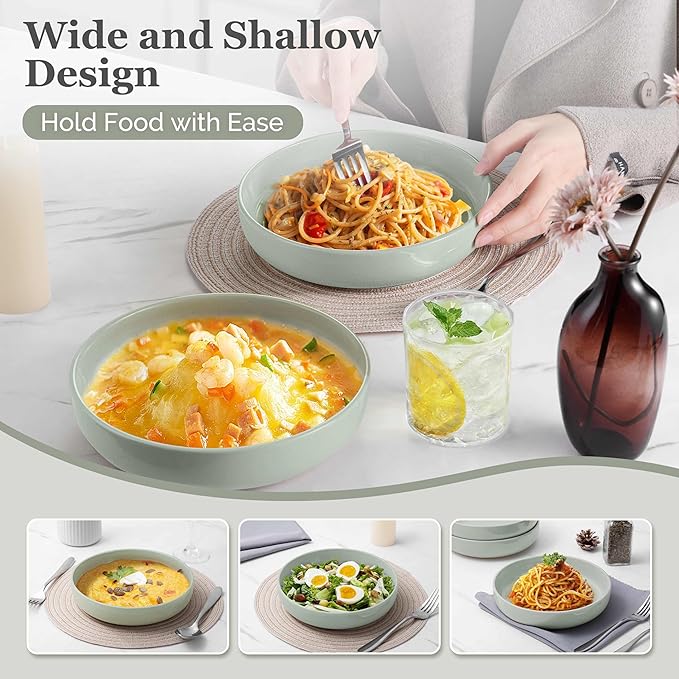 HaWare Pasta Bowls Set of 6, 33oz Large Salad Bowls for Home Kitchen, Ceramic Serving Plates for Soup, Cereal, Wide and Shallow Dinner Bowl, Microwave & Dishwasher Safe, Asparagus Green
