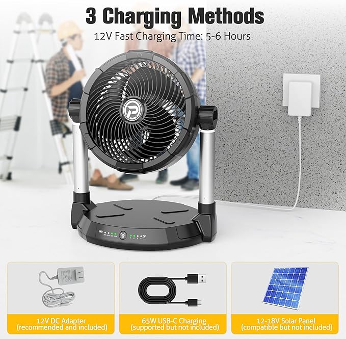KITWLEMEN 40000mAh Battery Operated Fan - 12" Rechargeable Floor Fan, 4 Speeds, 65Hrs Cooling, 34.6" Height Adjustable, 12V Output Cordless Fan, Portable for Camping, Travel, Hurricane, Power Outage