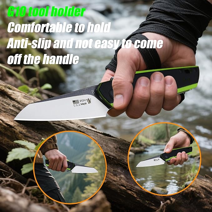 7.8in Folding Pocket Knife with D2 Steel Blade, G10 Handle, Ball Bearing Pivot, Stonewashed Finish – Outdoor EDC Utility Tool for Camping, Hiking, Survival Use(G10 - Black/Green)