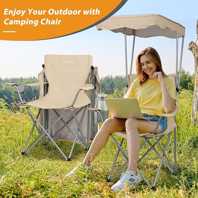 Camping Chair 2 Pack Portable Camping Chair with Canopy,Folding Chair with Canopy, Durable 600D Oxford Canopy Chair for Camping, Beach, Picnics, Fishing & Sports.Beige