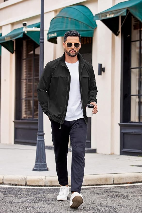 COOFANDY Mens Lightweight Bomber Jackets Stand Collar Windbreaker Softshell Jacket Zip Up Coat for Fall Outdoor