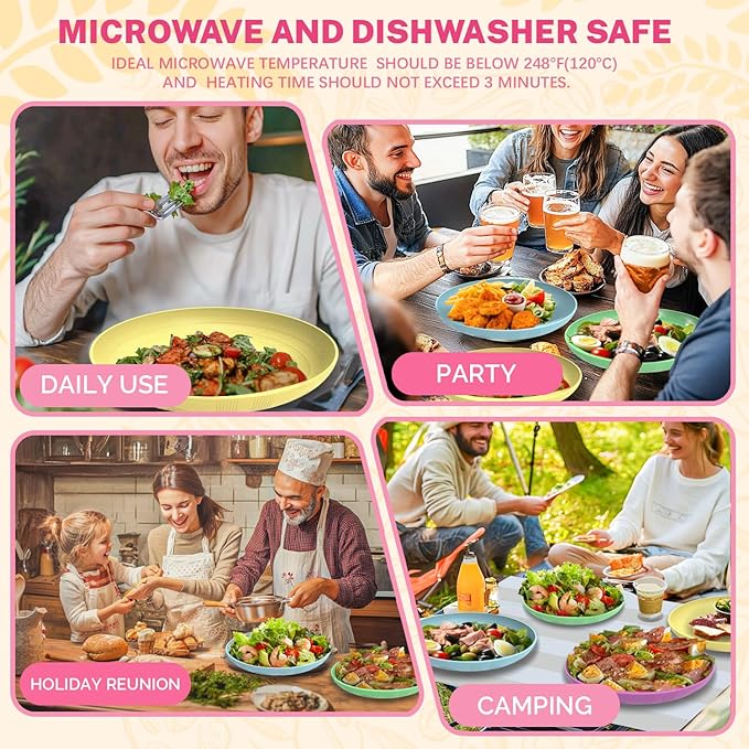 Homienly Wheat Straw Dinner Plates Set of 4 Unbreakable Plate Set with Textured Pattern - Microwave and Dishwasher Safe Plates Kitchen Plate for Salad, Dessert, Dinner, Fruit - Memphis Color