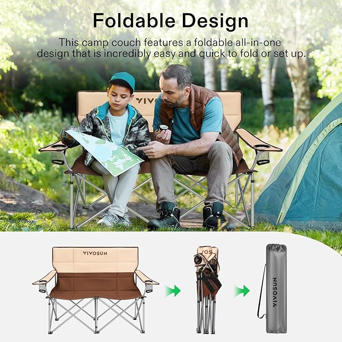 VIVOSUN Double Camping Chair, Fully Padded Folding Loveseat, Portable Oversized Duo Chair with Storage Cup Holders, Height-Adjustable Armrests & Carry Bag, Supports up to 500lbs, Brown & Cream