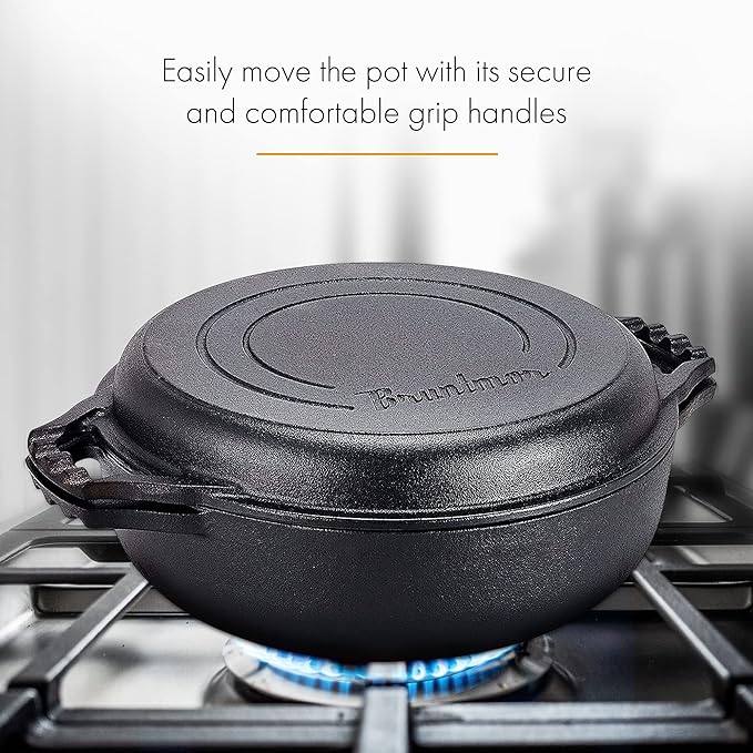 Bruntmor 2-in-1 Pre-Seasoned Cast Iron Dutch Oven with Dual Handles, Cocotte Double Braiser Pan with Grill Lid 3.3 Quarts - BBQ Grill, Fryer - Outdoor Cookware Set with Dual Handles, Camping,- Black