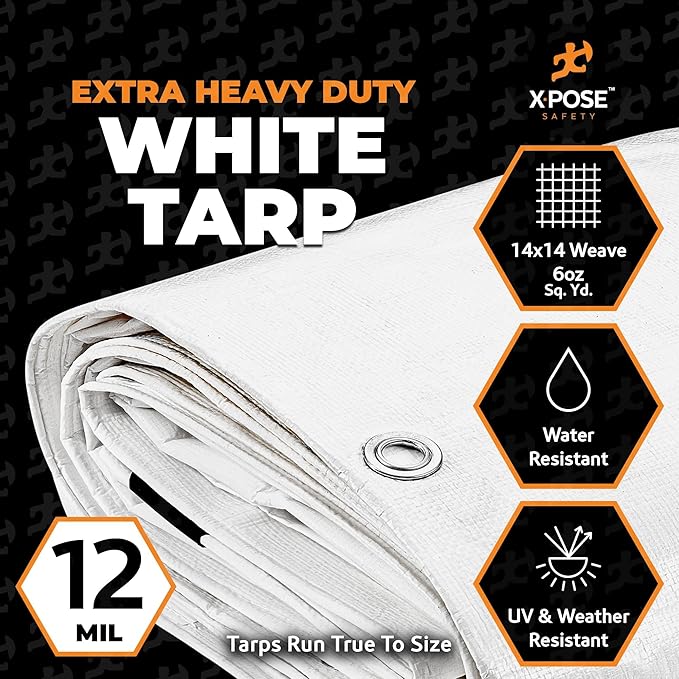 Heavy Duty White Poly Tarp 10' X 12' (2-Pack) - Multipurpose Protective Cover - Durable, Waterproof, Weather Proof, Rip and Tear Resistant - Extra Thick 12 Mil Polyethylene - by Xpose Safety