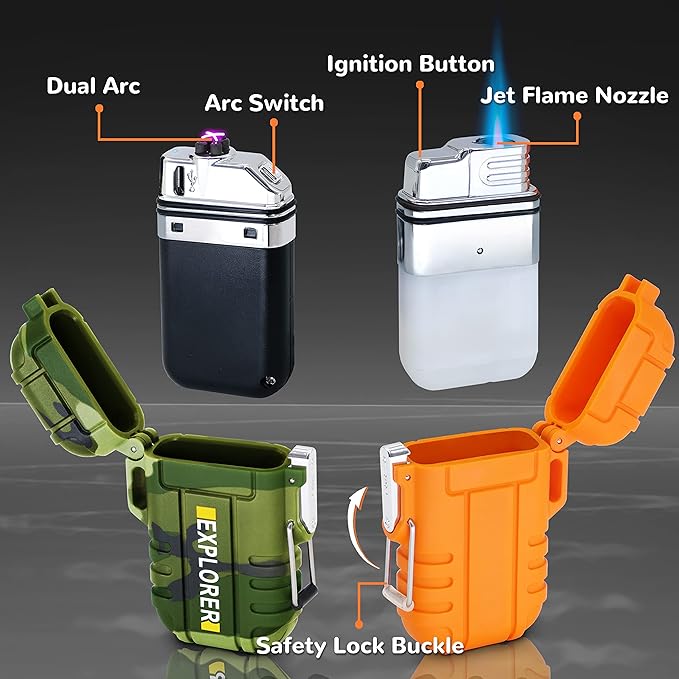 4 Pack Waterproof Lighter Outdoor Windproof Torch Lighters Dual Arc Lighters Butane Electric USB Rechargeable Flameless Plasma Lighter Camping Hiking Adventure Survival Tactical Gear
