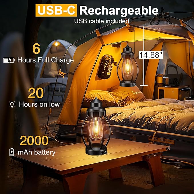 pearlstar Lantern Rechargeable Lamps Decorative Outdoor & Indoor, 2 Pack Vintage Portable LED Lanterns with Fully Dimmable Modes, Camping Lamp Outdoor Lantern for Table Patio Garden Yard Pathway Porch