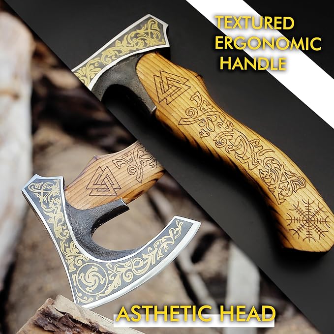 SHINY CRAFTS-Viking axe bearded axe tomahawk birthday gifts-Viking Axe with Carbon Steel Head and Ash Wood Handle is black polished, Viking Gifts for Men with Premium Quality Leather Sheath (SCA-0025)