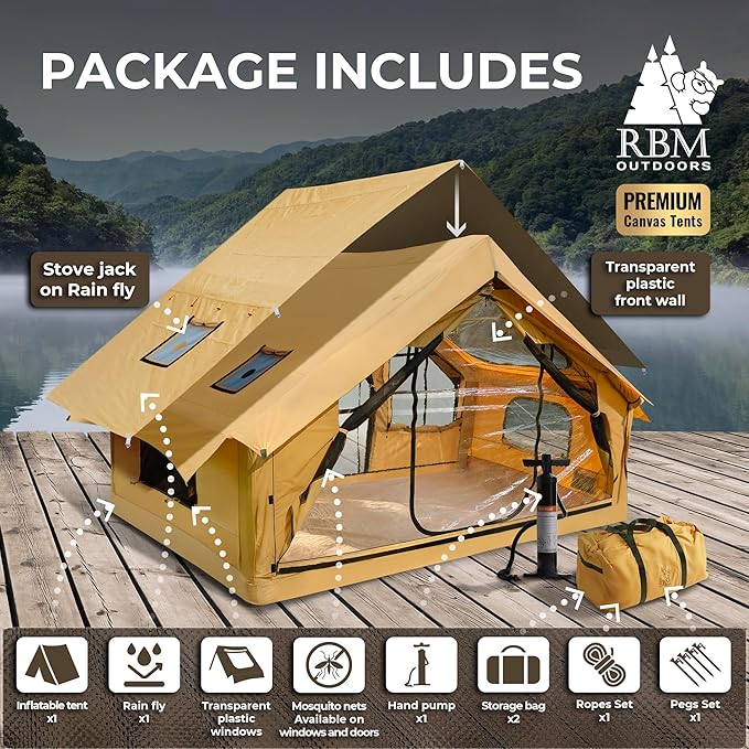 Panda Inflatable Tents for Camping with Stove Jack, Canvas Blow Up, Easy Setup Inflatable Tent, Waterproof Hot Inflatable Outdoor House, Casa de Campaña with Hand Pump