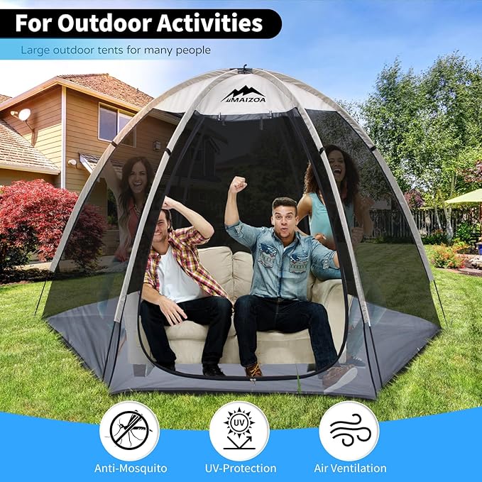 Screen House Tent 8 x 7 Ft Mesh Net, Outdoor Camping Screen Room Sun Shade Gazebo Shelter, Perfect for Family Picnic, Backyards, BBQ and Party (Beige, with Floor mat)