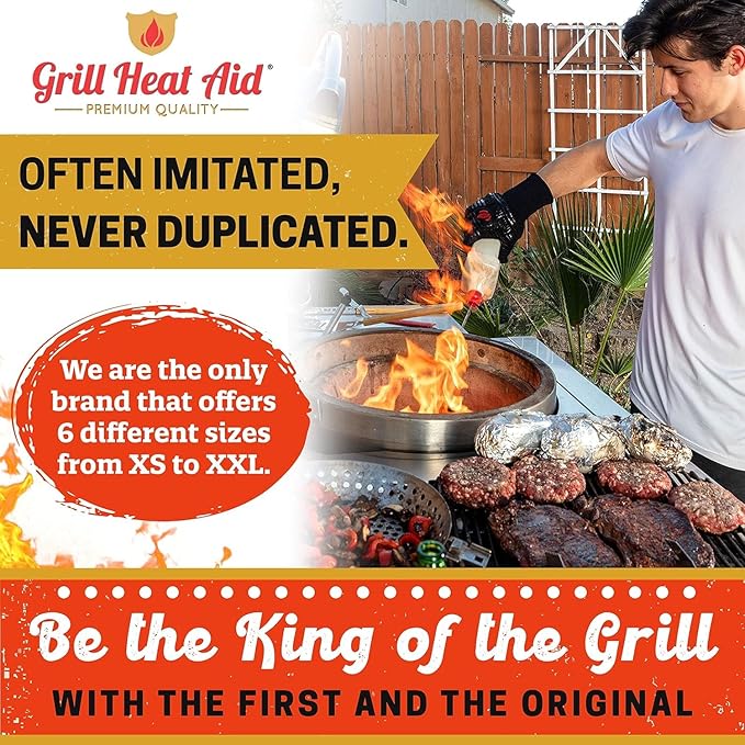 GRILL HEAT AID BBQ Grill Gloves Heat Proof for Grilling โ Fireproof 1472ยฐF Heat-Resistant Grill Mitts for Outdoor Barbecue and Smoker, Campfire, Fire Pit, Oven Glove with Fingers for Baking Pizza