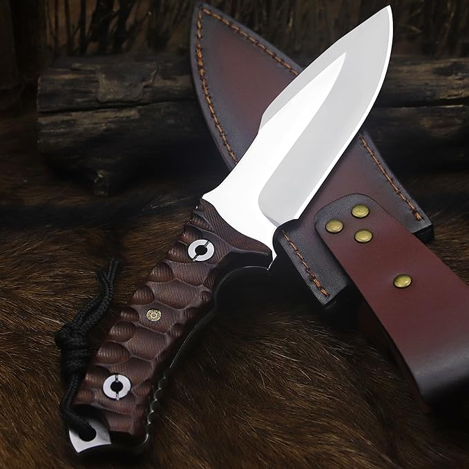 BA-KOR Yellow pear wood handle 6mm 9CR18MOV steel (10.6IN) full Tang forged fixed knife + sheath & (5.9IN) iron ceric igniter, suitable for outdoor camping, tactical survival, EDC, hunting knife (6mm - King Crocodile)
