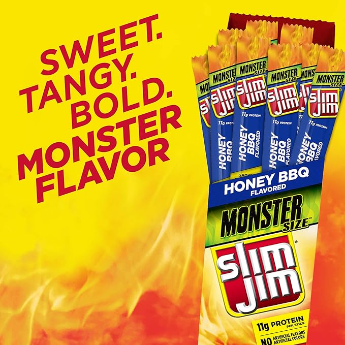 Slim Jim Monster Smoked Meat Sticks, Honey BBQ Flavor, High Protein, 1.94 oz. (18 Count)