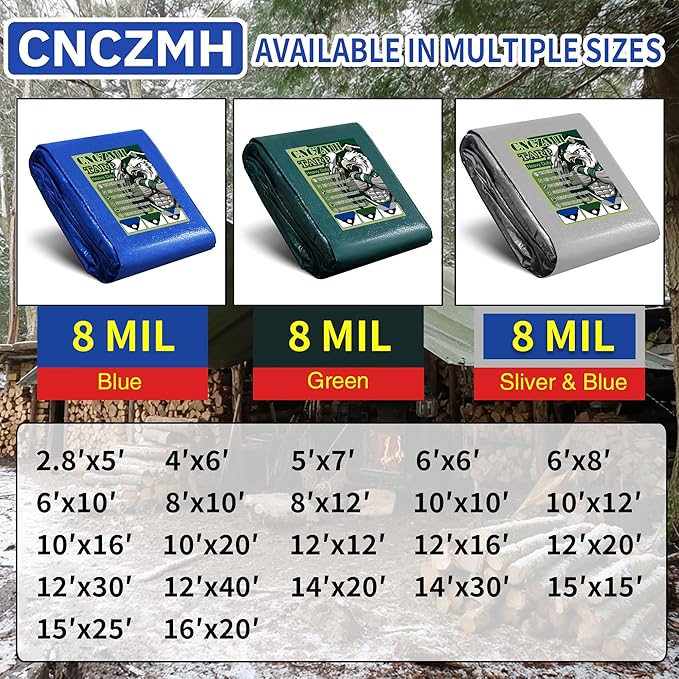 Heavy Duty Tarp Waterproof, 8 Mil Thick Finished Size Tarps Outdoor, Multipurpose Tarpaulin Cover, Small Tarp for Emergency Rain Shelter Camping (Green, 6x8ft)